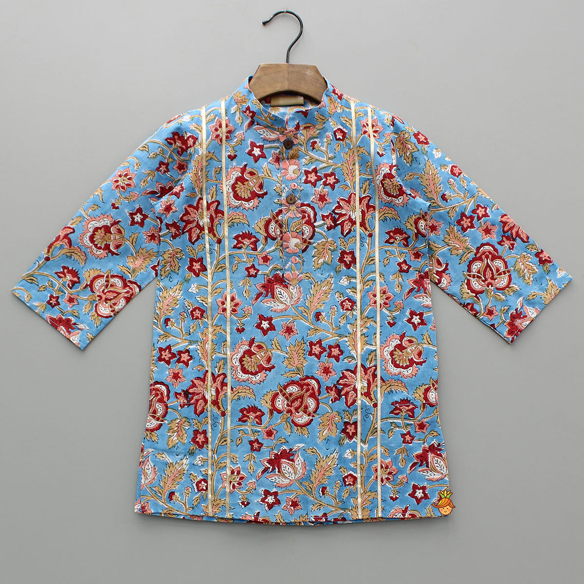 Floral Printed Hand Block Gota Lace Detailed Blue Kurta With Pyjama