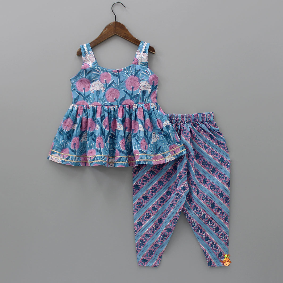 Blue Strappy Kurti And Pleated Dhoti Style Pant