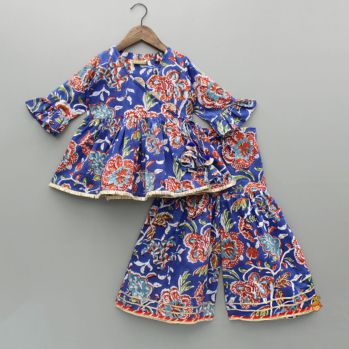 Blue Multicolored Printed Angarkha Style Kurti And Sharara