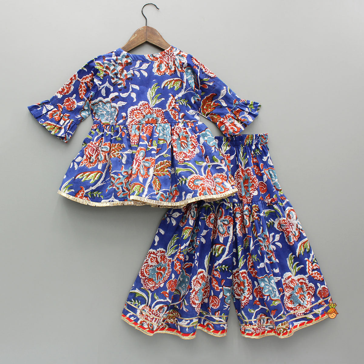 Blue Multicolored Printed Angarkha Style Kurti And Sharara