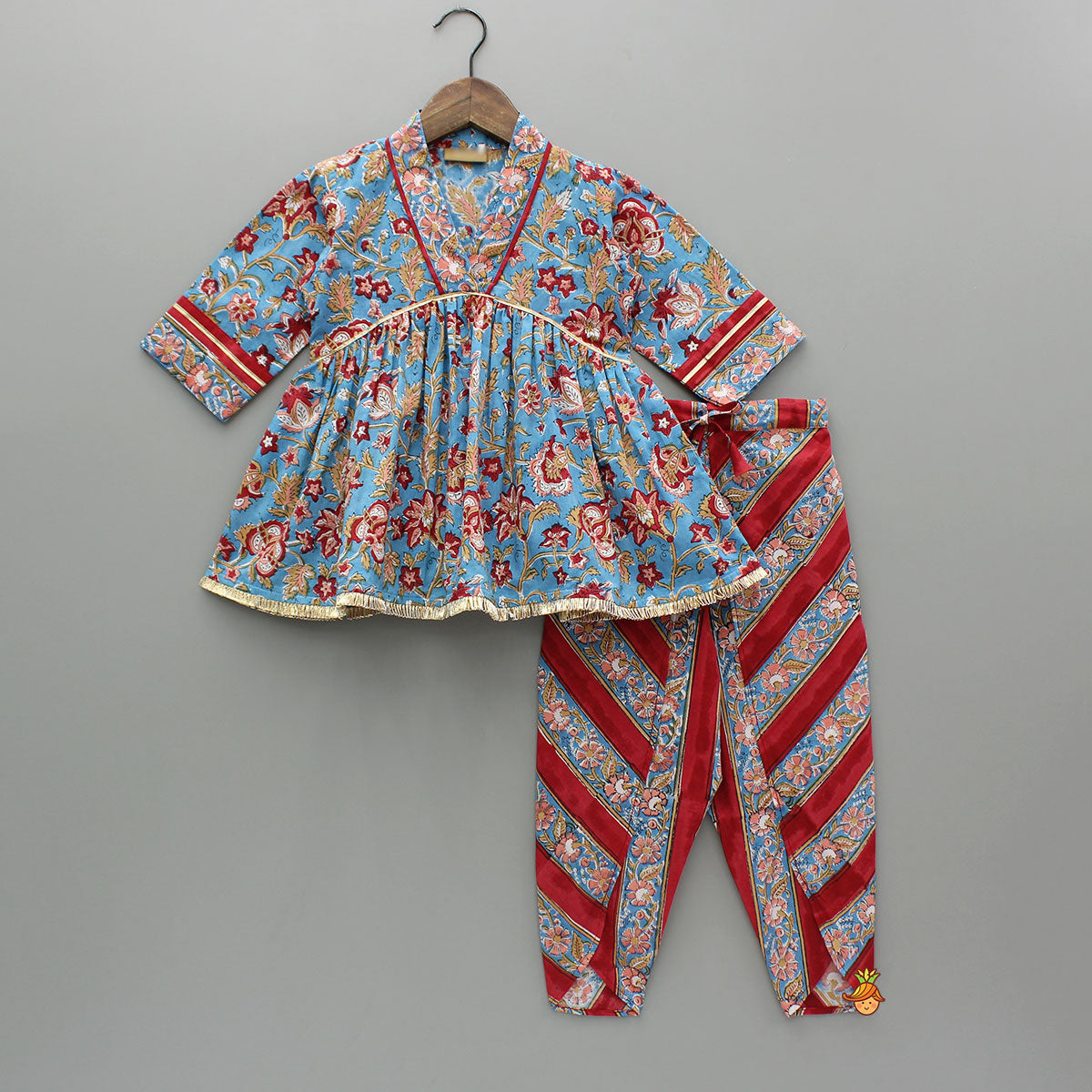 Hand Block Printed Blue And Red Gota Lace Work Kurti With Dhoti Style Pant