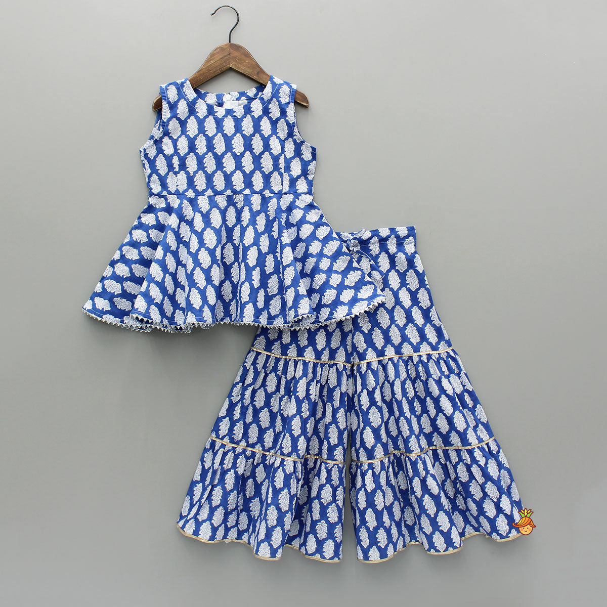 Blue Printed Top And Tiered Sharara