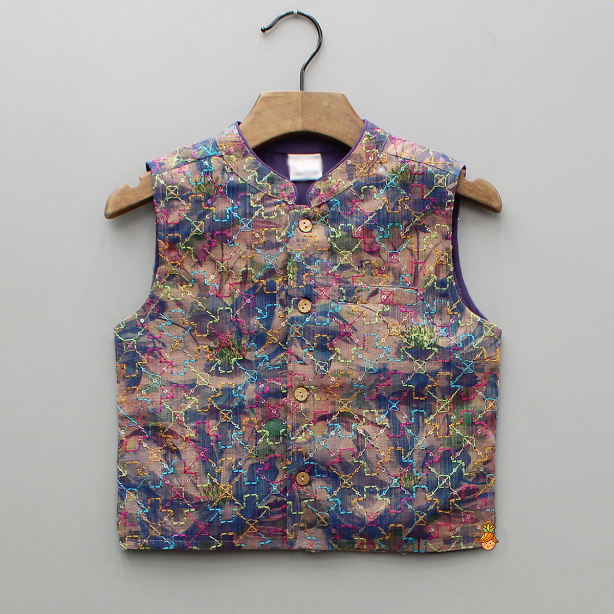 Purple Multicolour Printed Kurta With Embroidered Jacket And Pyjama