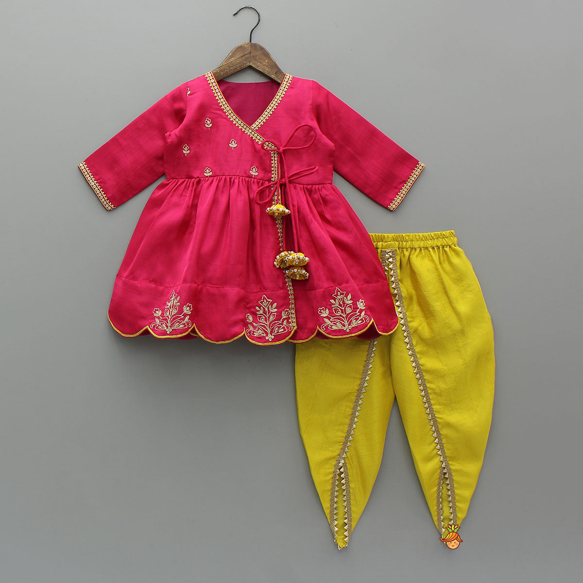 Pink Embroidered Angarkha Style Kurti And Tulip Dhoti