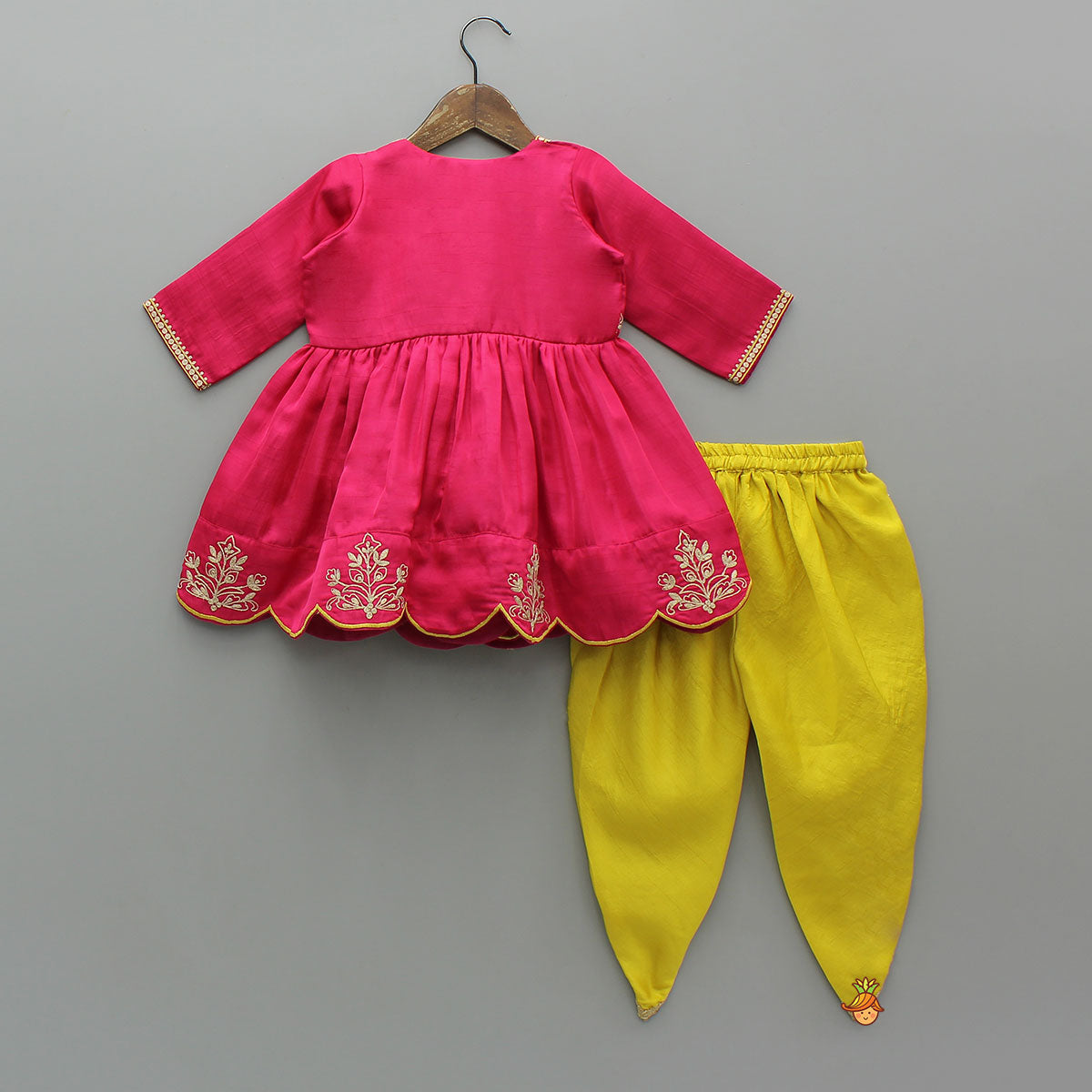 Pink Embroidered Angarkha Style Kurti And Tulip Dhoti