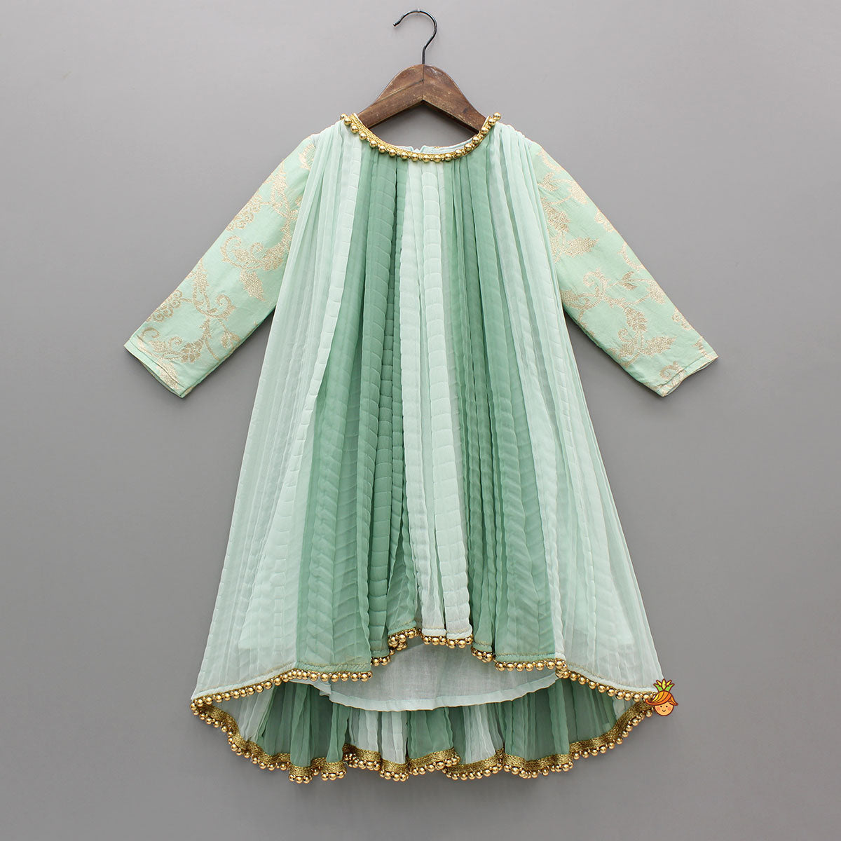 Green Dual Tone Embroidered Sleeves High Low Kurti