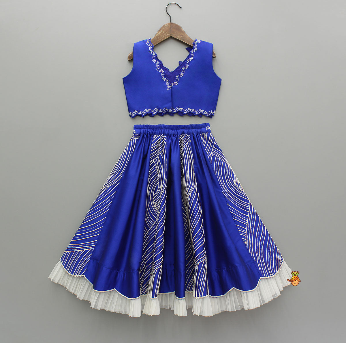 Blue Embroidery And Cut Work Flowers Embellished Top And Lehenga