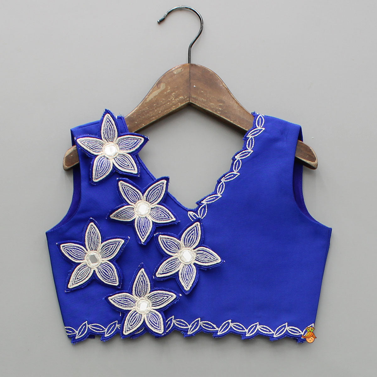 Blue Embroidery And Cut Work Flowers Embellished Top And Lehenga