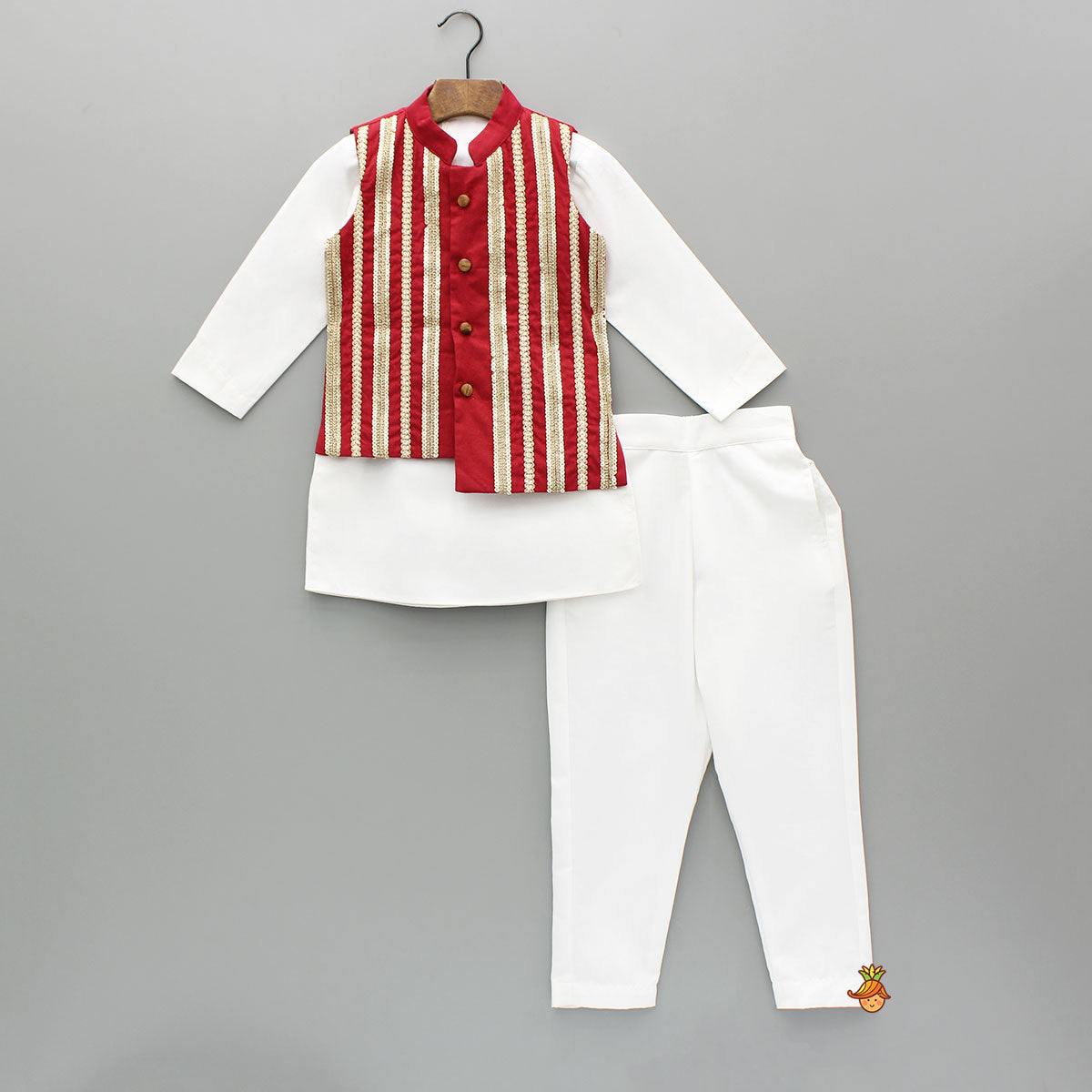 White Kurta With Embroidered Lace Work Jacket And Pant