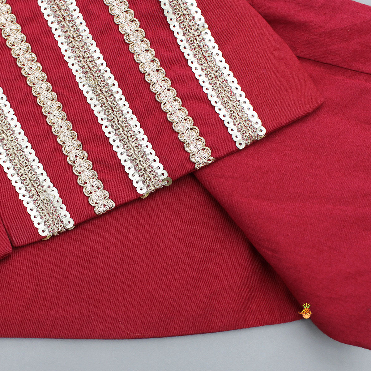White Kurta With Embroidered Lace Work Jacket And Pant