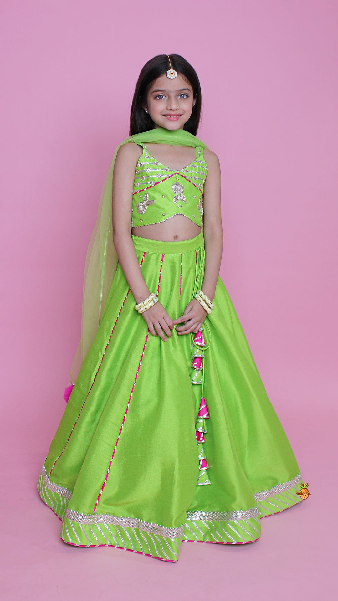 Green Embroidered Strappy Top And Lehenga With Dupatta