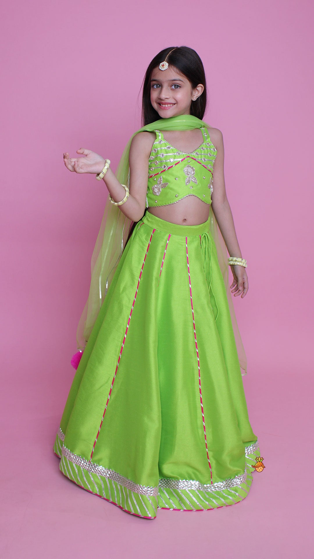 Green Embroidered Strappy Top And Lehenga With Dupatta