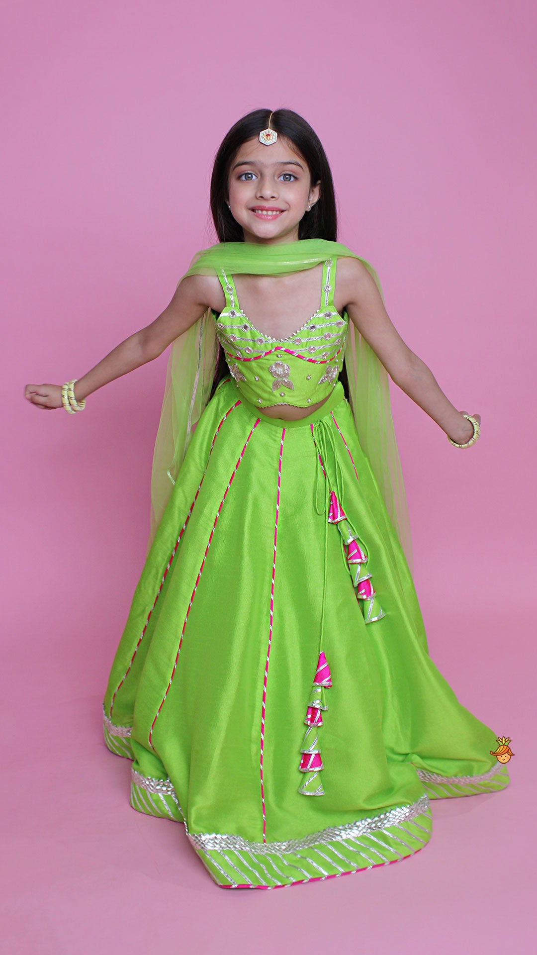 Green Embroidered Strappy Top And Lehenga With Dupatta