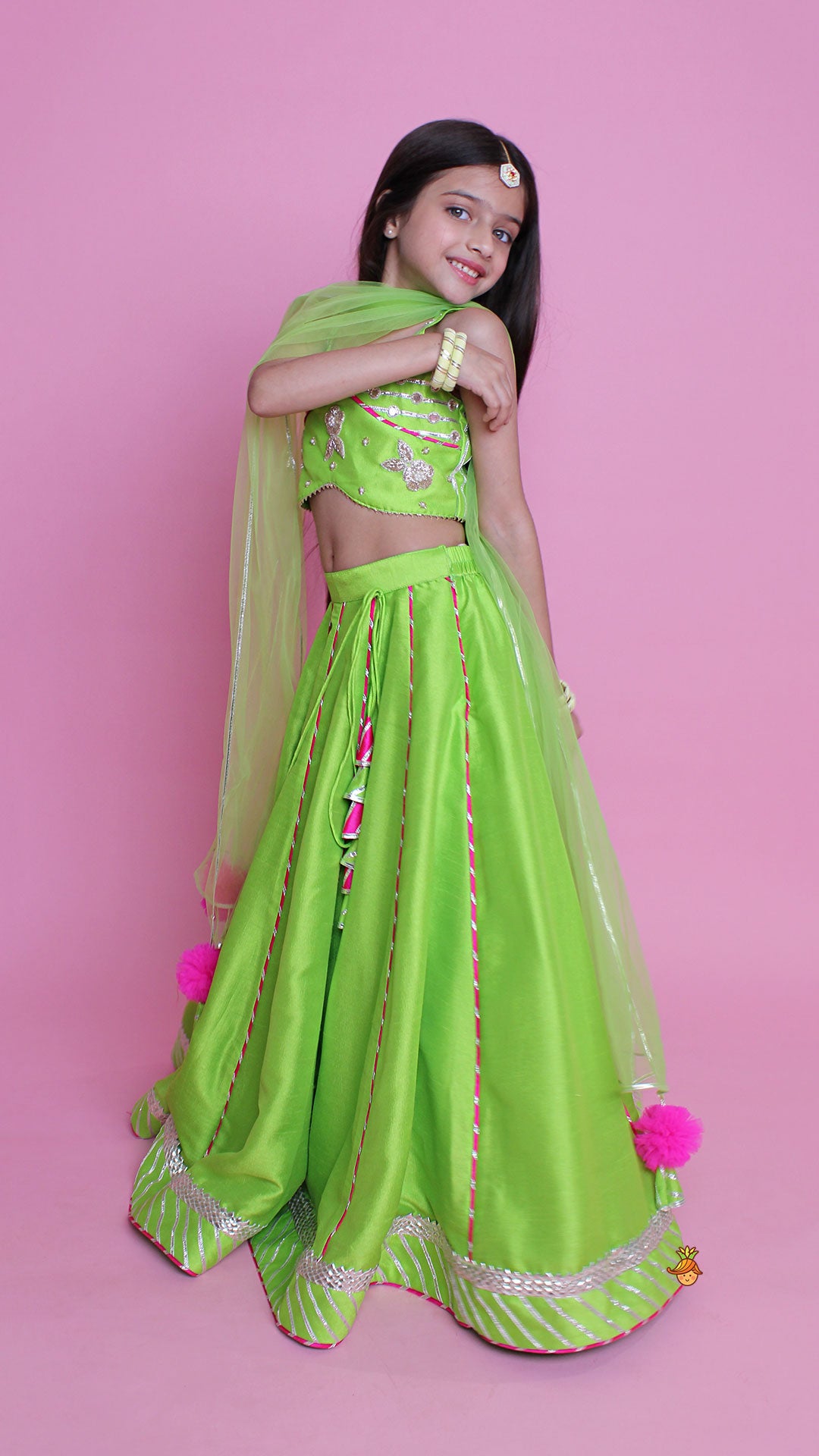 Green Embroidered Strappy Top And Lehenga With Dupatta