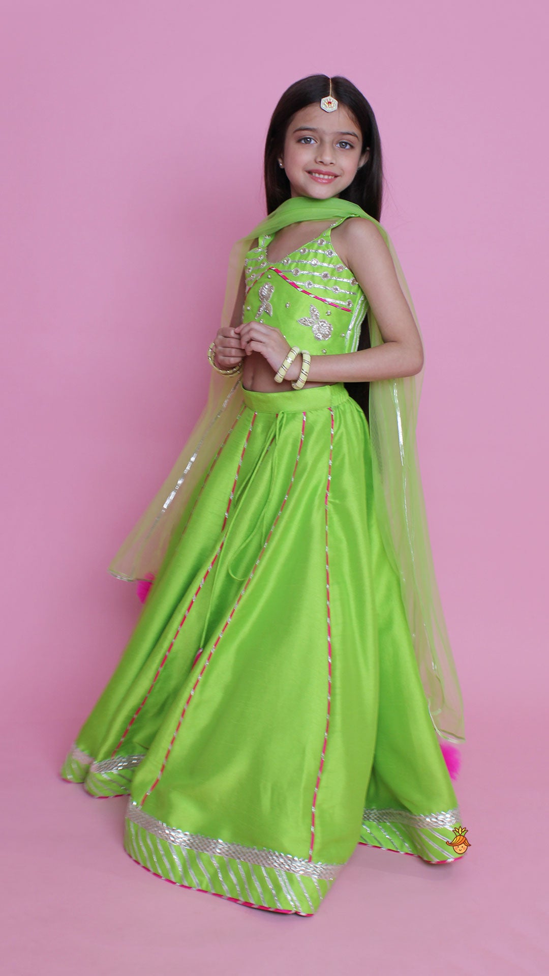 Green Embroidered Strappy Top And Lehenga With Dupatta
