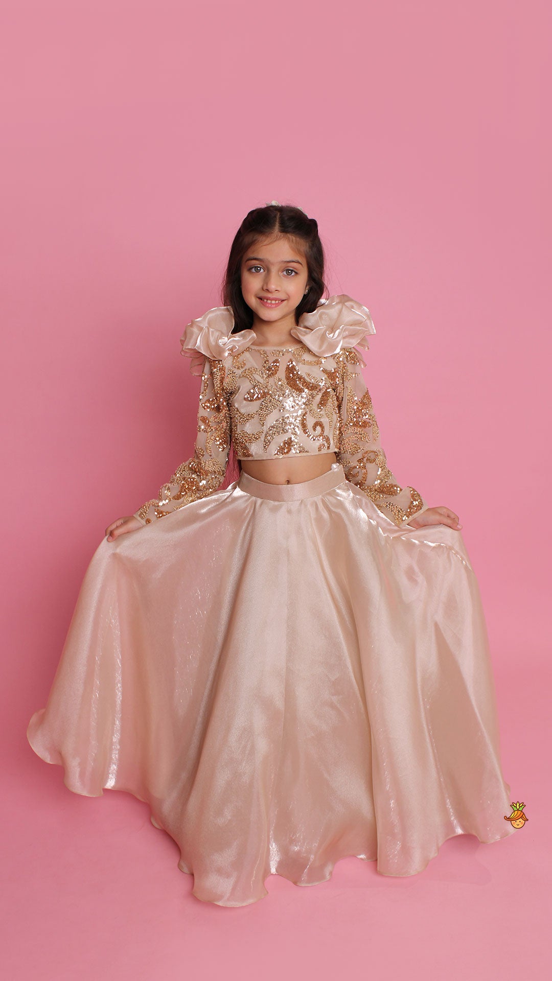 Embroidered Elegant Ruffle Detailed Top And Lehenga