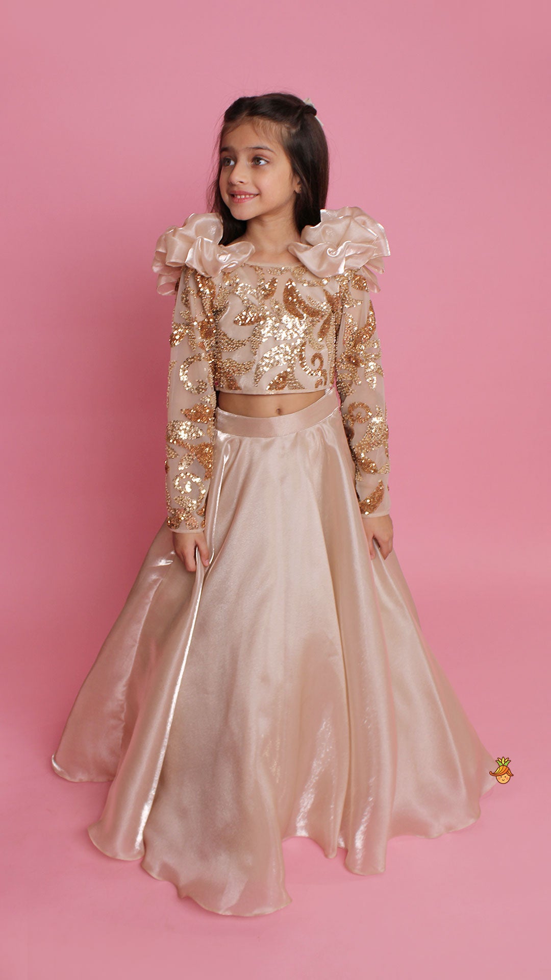 Embroidered Elegant Ruffle Detailed Top And Lehenga