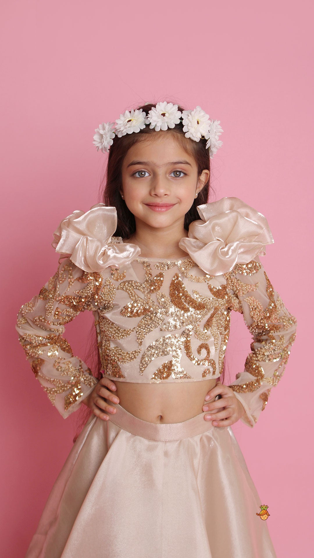 Embroidered Elegant Ruffle Detailed Top And Lehenga