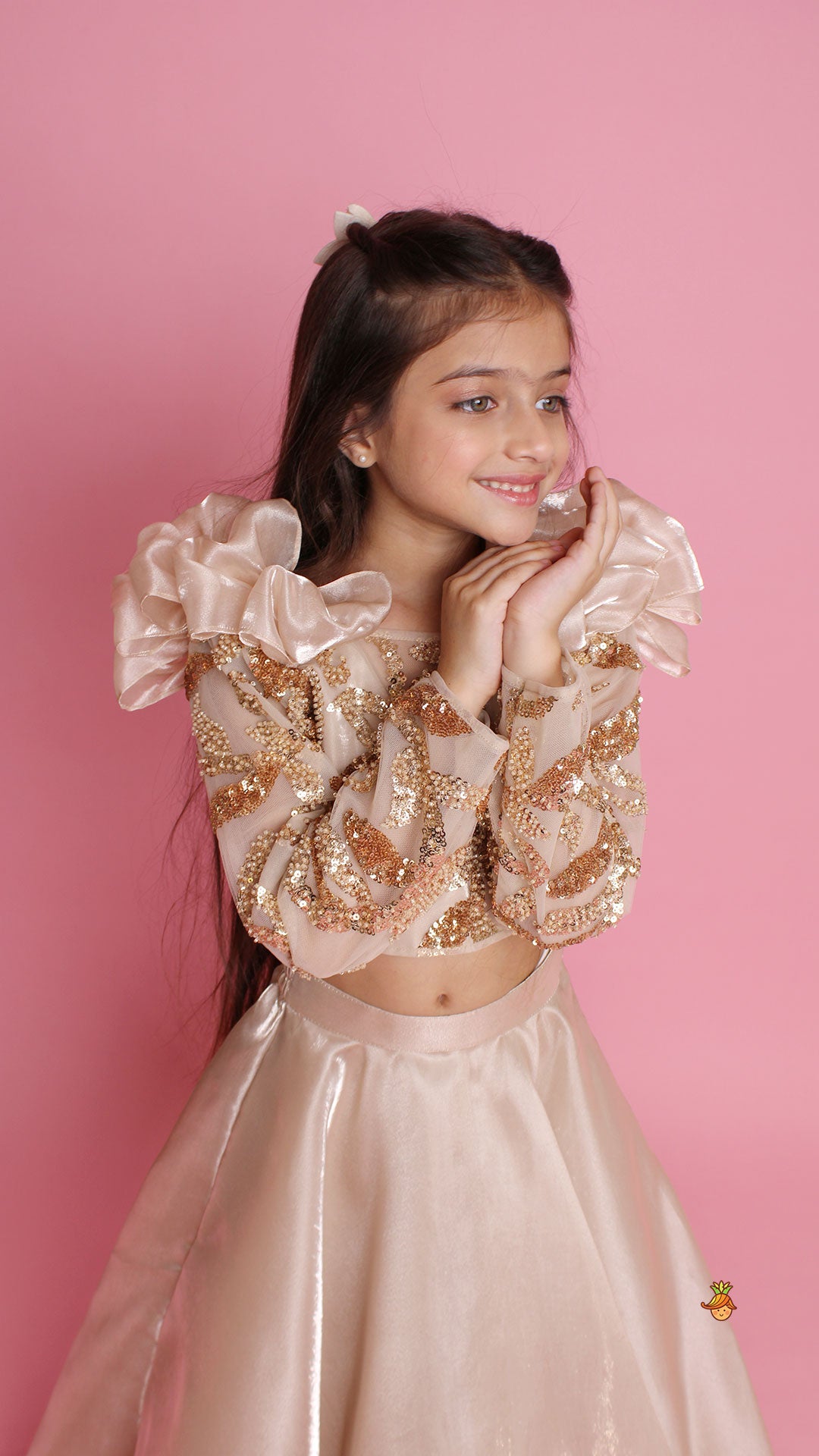 Embroidered Elegant Ruffle Detailed Top And Lehenga