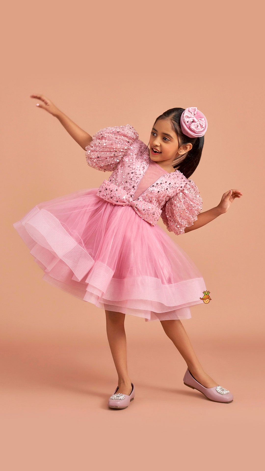 Sequined Detailed Layered Pink Dress With Bows And Matching Swirled Bow Headband
