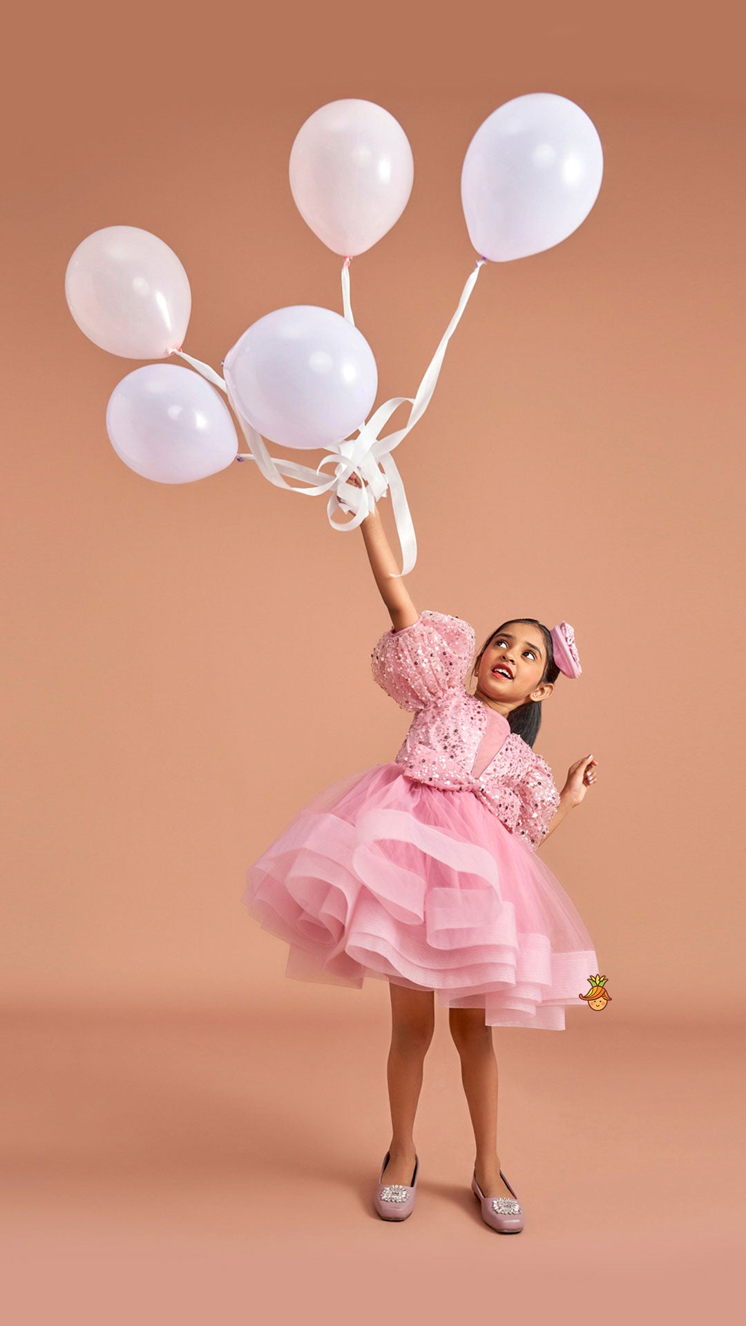 Sequined Detailed Layered Pink Dress With Bows And Matching Swirled Bow Headband