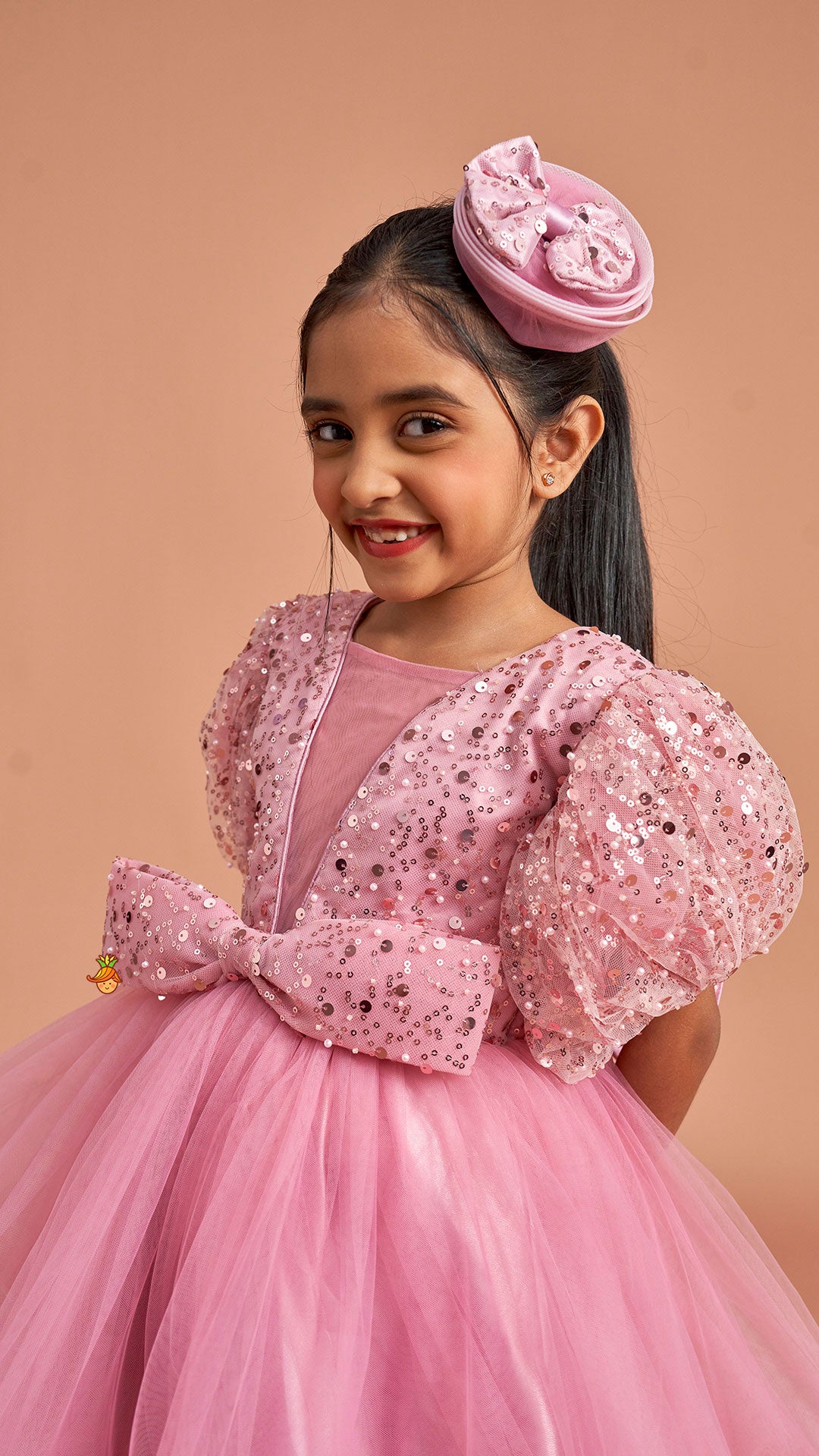 Sequined Detailed Layered Pink Dress With Bows And Matching Swirled Bow Headband