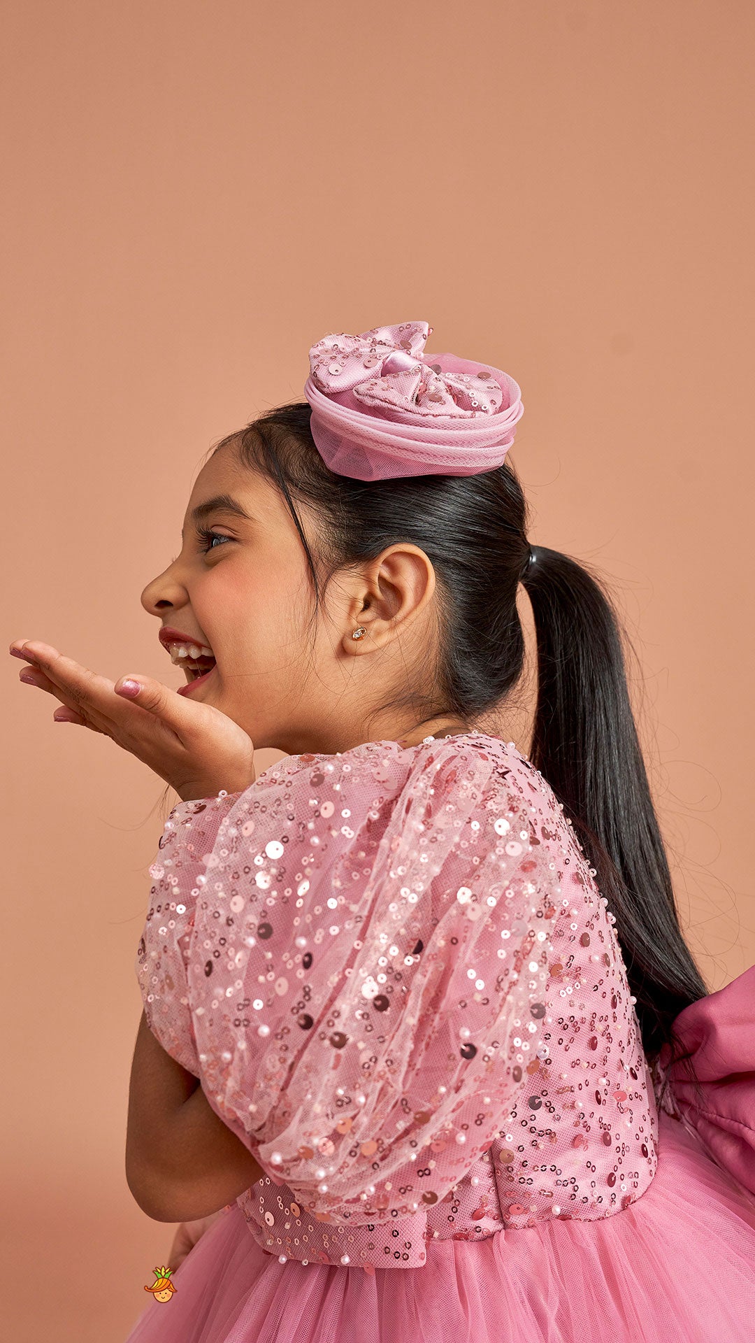 Sequined Detailed Layered Pink Dress With Bows And Matching Swirled Bow Headband