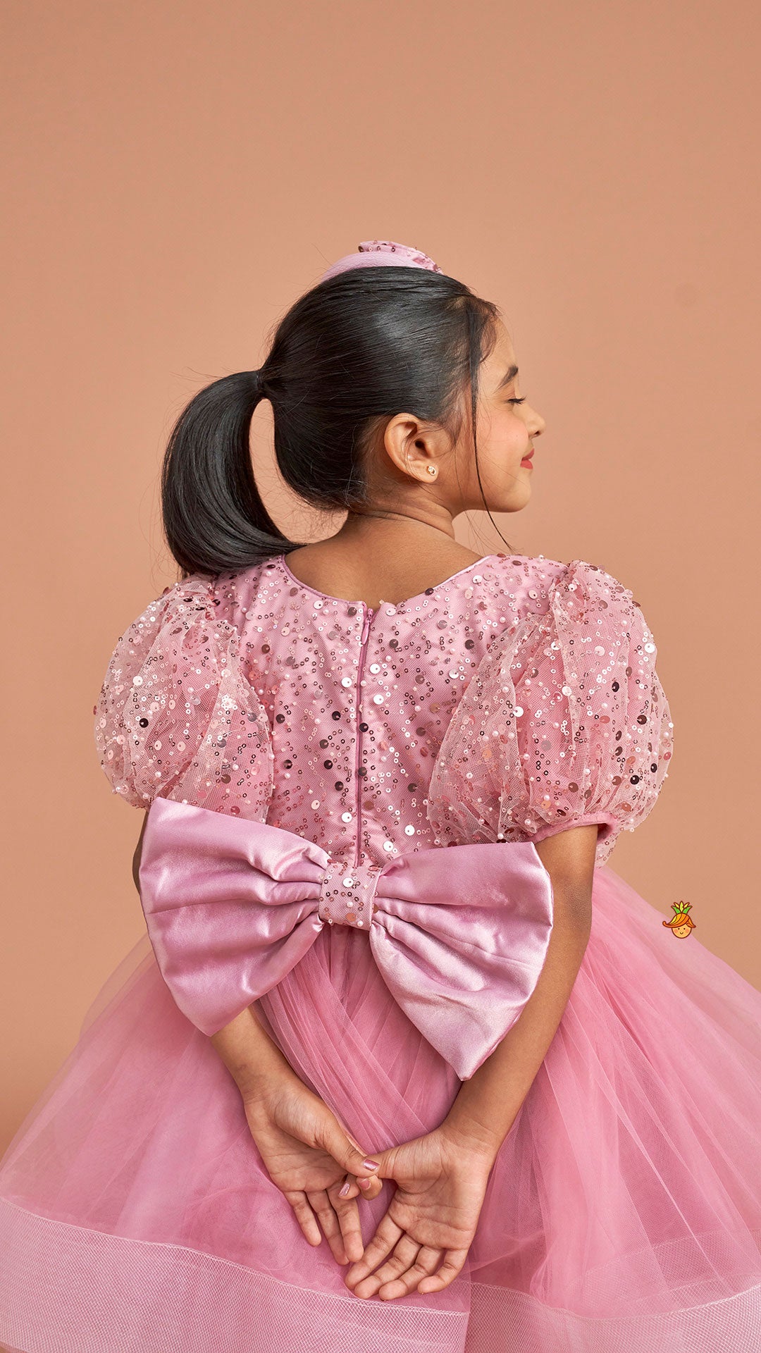 Sequined Detailed Layered Pink Dress With Bows And Matching Swirled Bow Headband