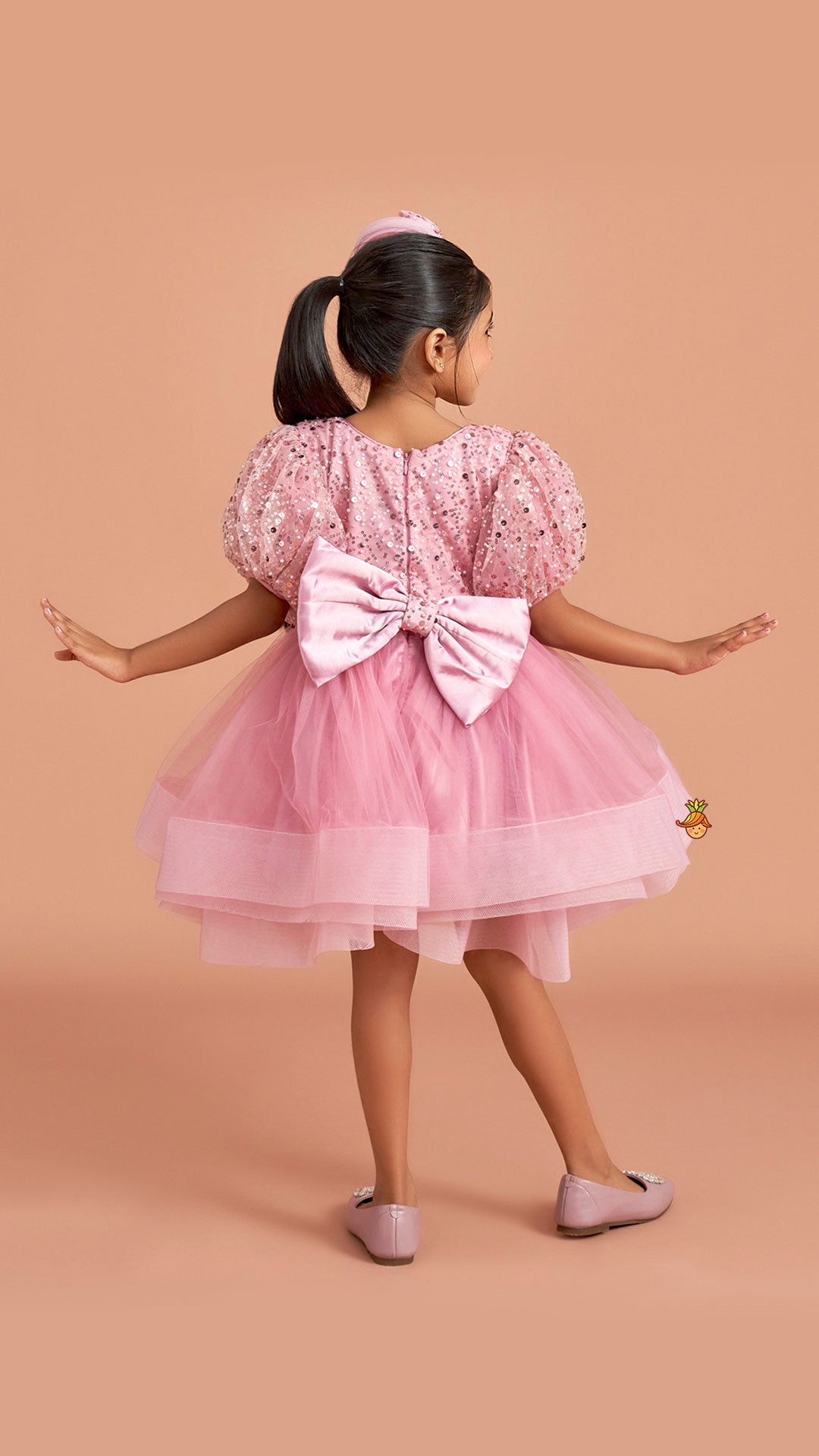 Sequined Detailed Layered Pink Dress With Bows And Matching Swirled Bow Headband