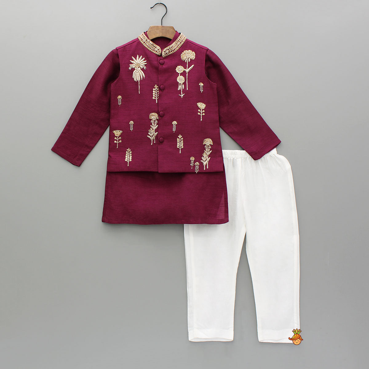 Maroon Kurta With Embroidered Jacket And Pyjama