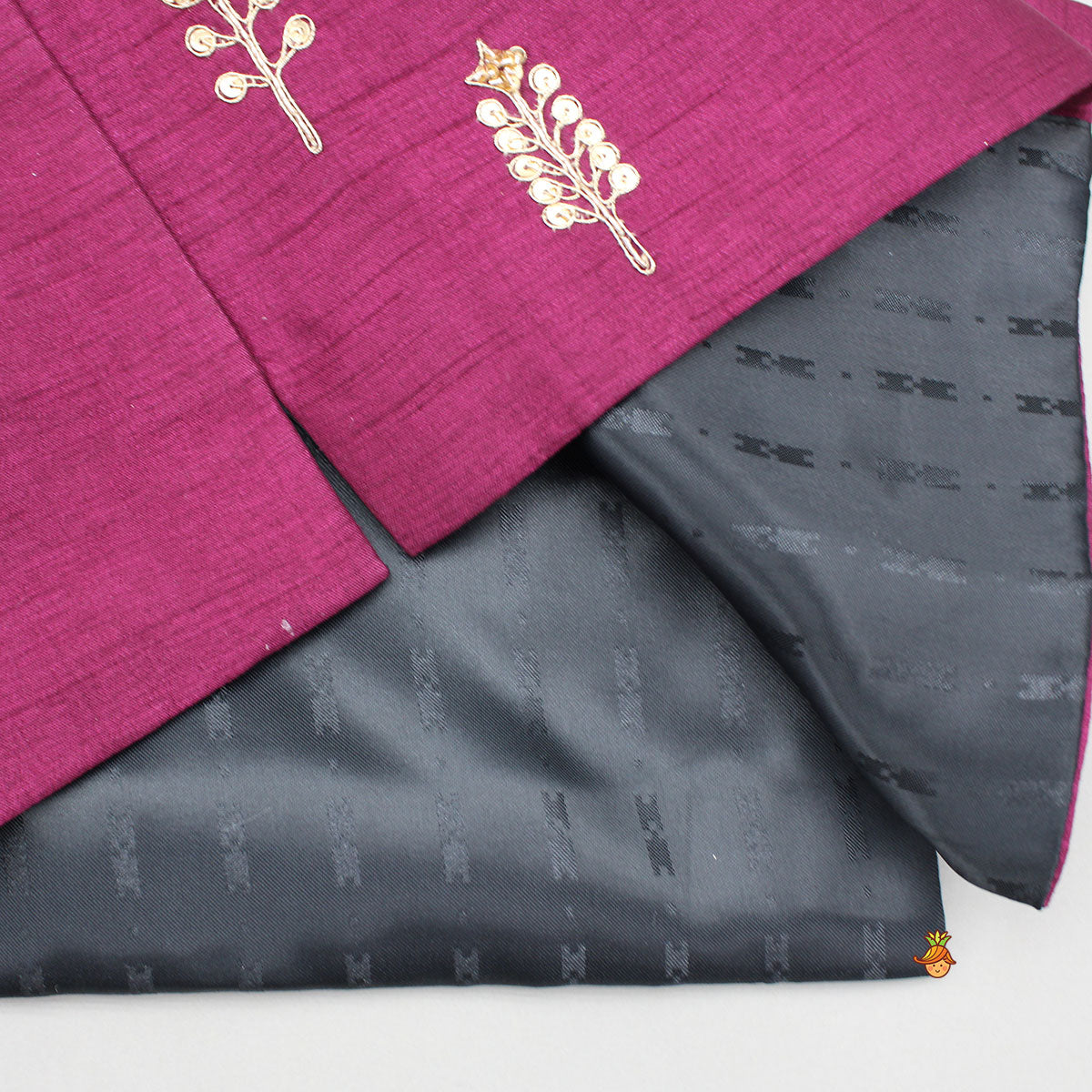 Maroon Kurta With Embroidered Jacket And Pyjama