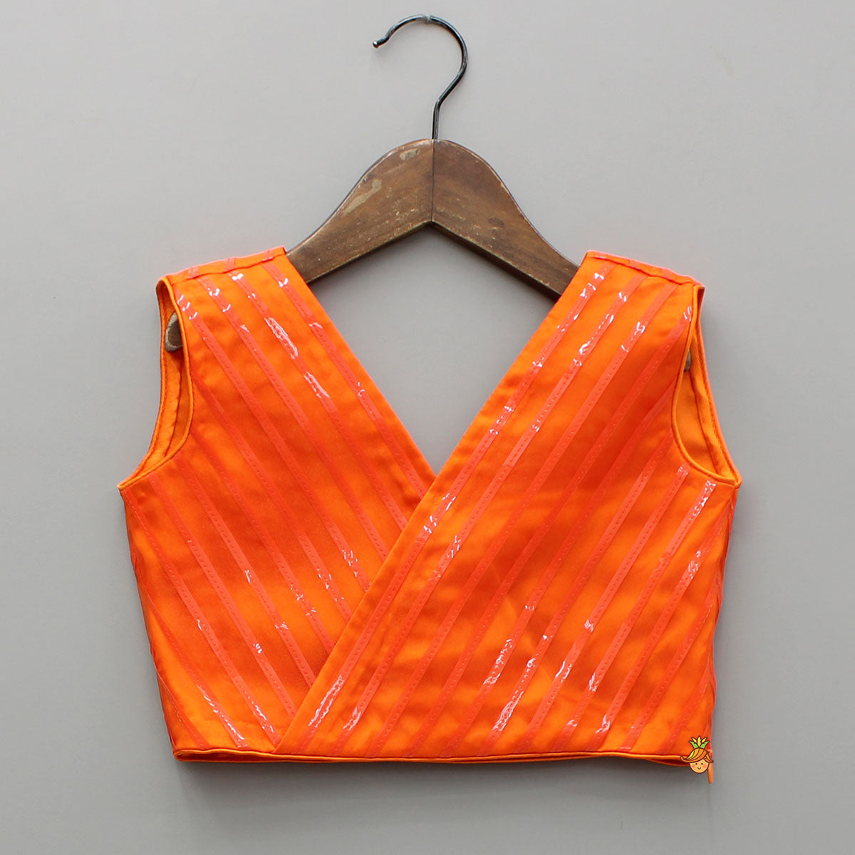 Orange Holographic Lace Detailed Shimmery Top And Layered Lehenga