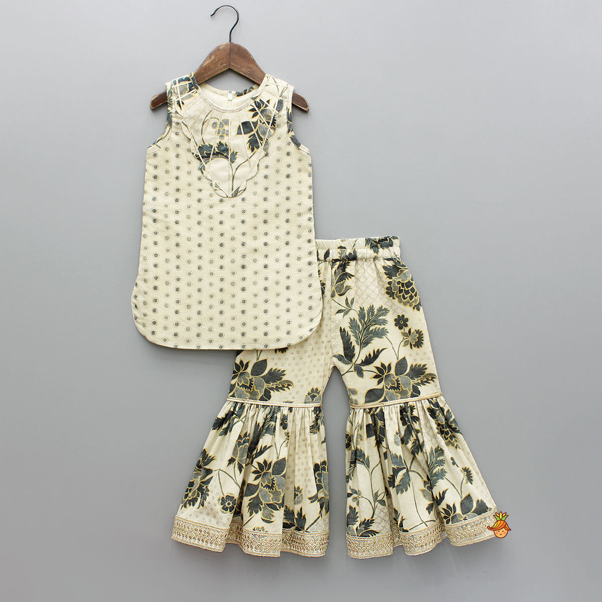 Beige Gota Lace Detailed Printed Kurti And Sharara
