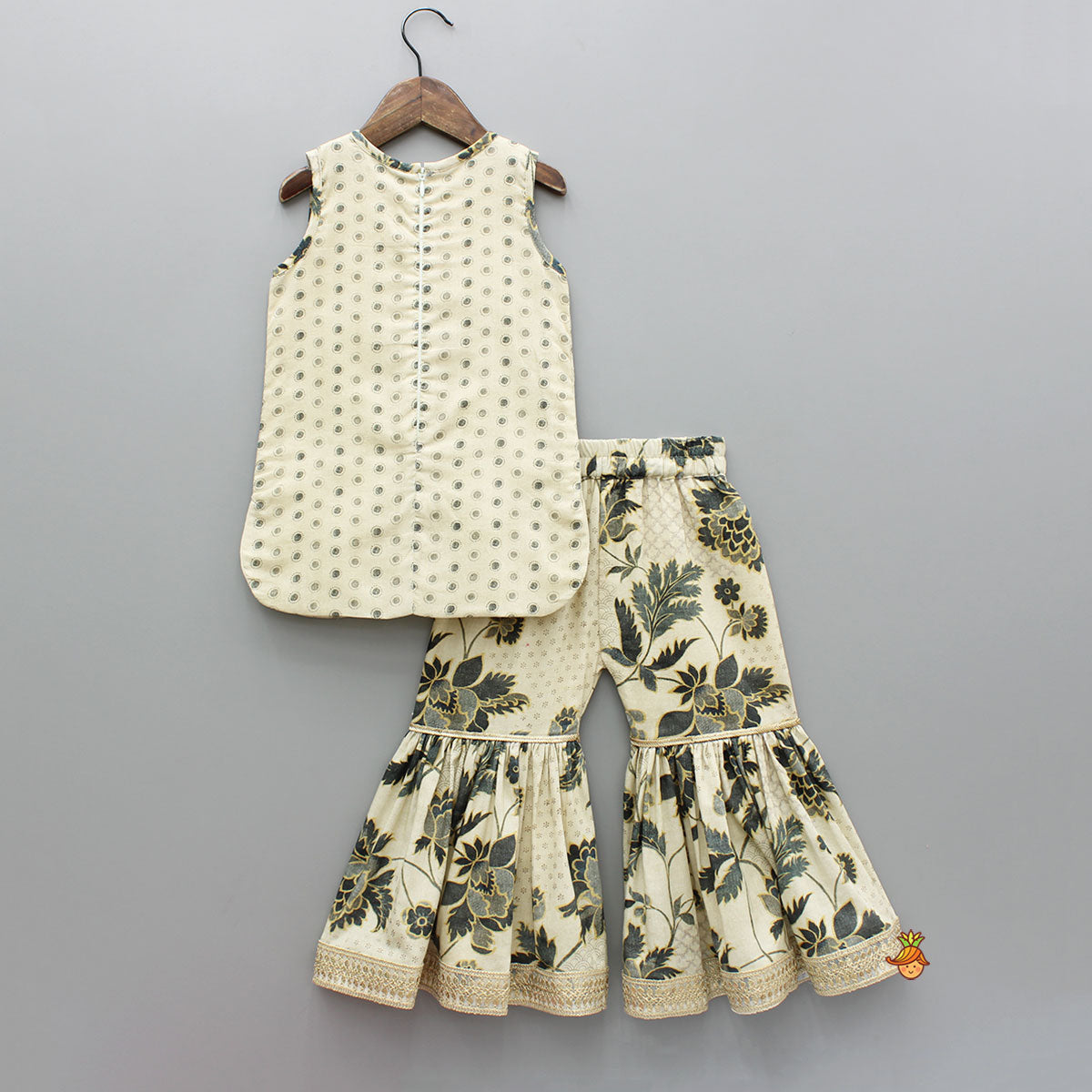 Beige Gota Lace Detailed Printed Kurti And Sharara