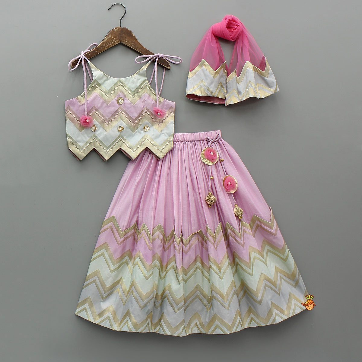 Lavender Embroidered Tie up Strap Top And Lehenga With Dupatta