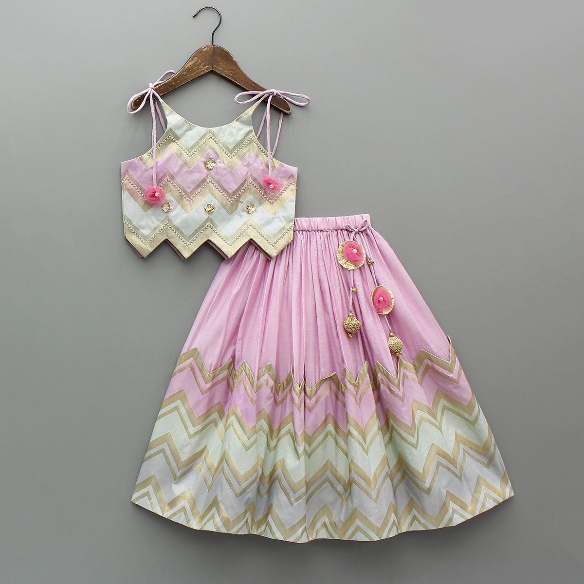 Lavender Embroidered Tie up Strap Top And Lehenga With Dupatta