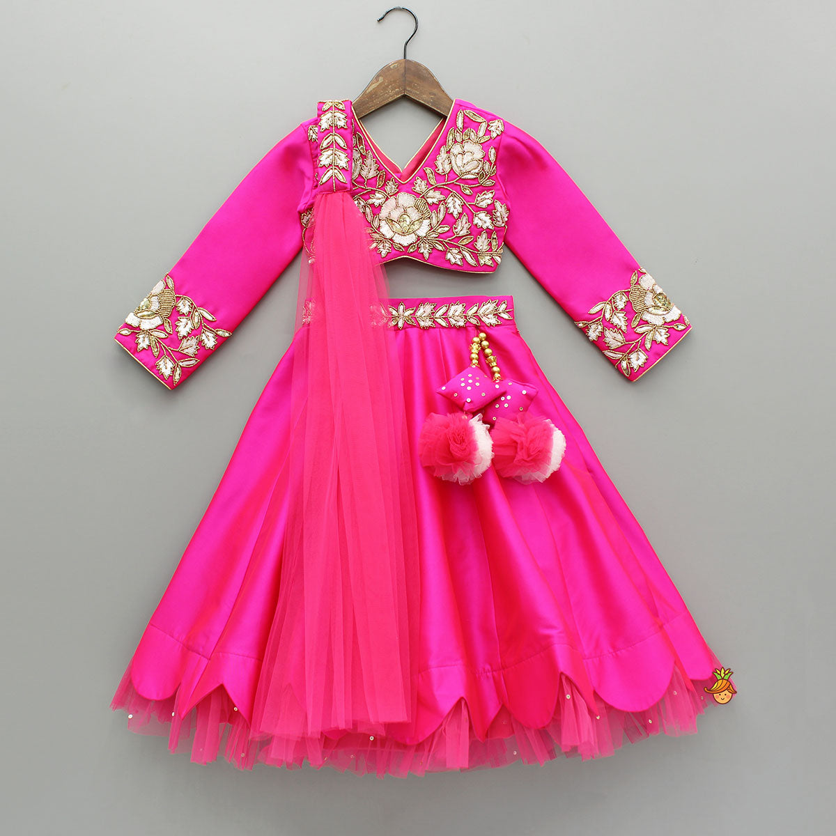 Pink Embroidered Top And Scalloped Hem Lehenga With Dupatta
