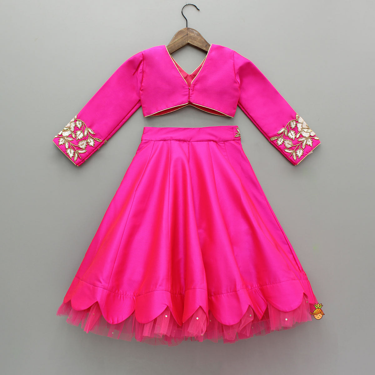 Pink Embroidered Top And Scalloped Hem Lehenga With Dupatta