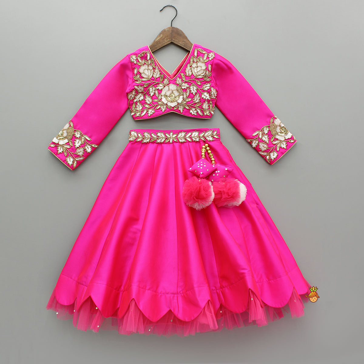 Pink Embroidered Top And Scalloped Hem Lehenga With Dupatta
