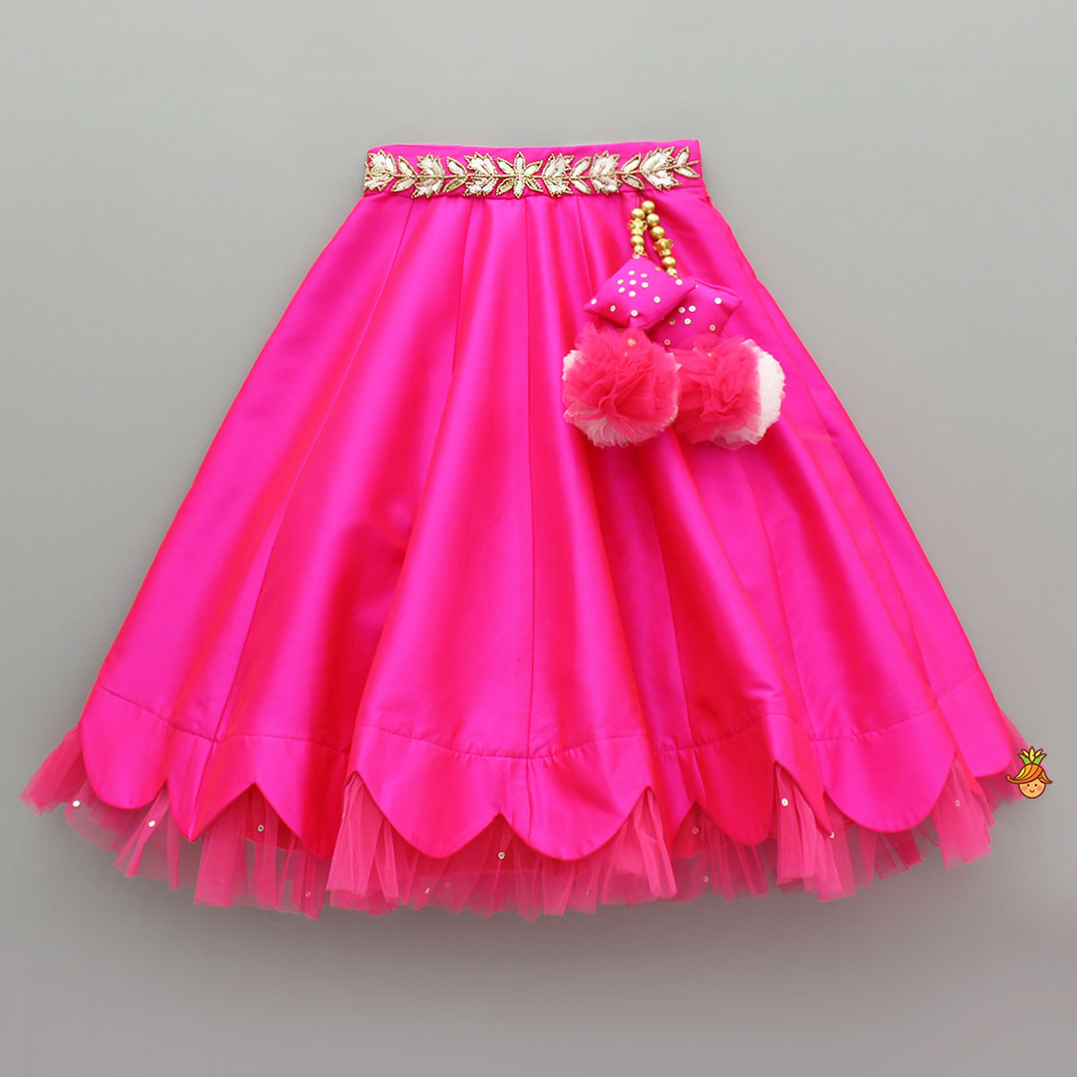 Pink Embroidered Top And Scalloped Hem Lehenga With Dupatta
