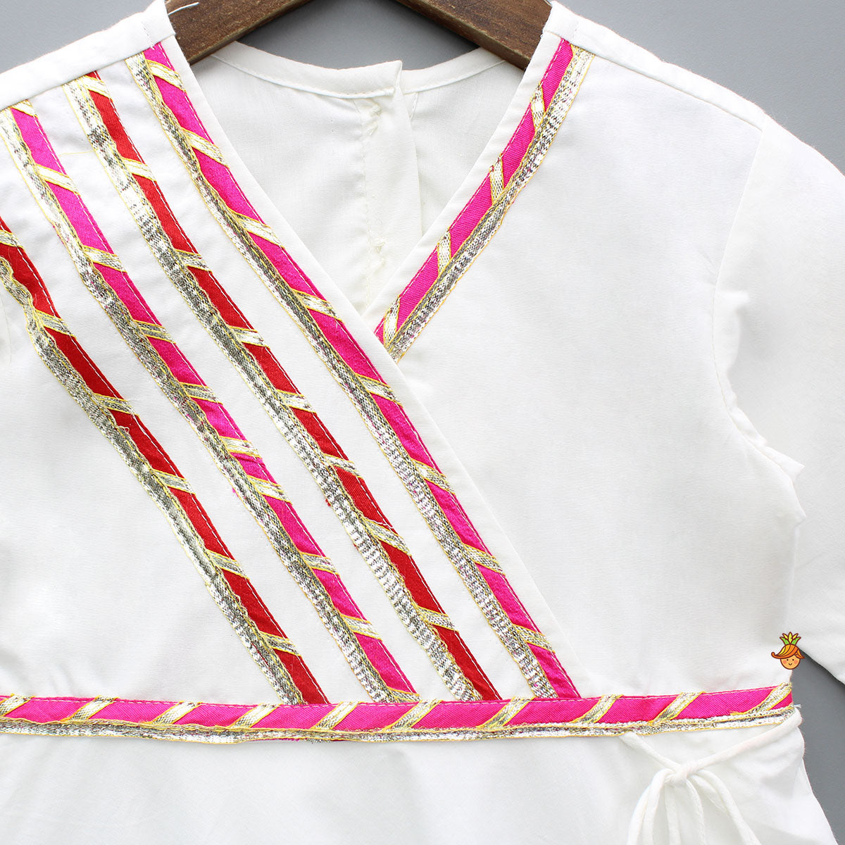 White Gota Lace Detailed Multicolour Embroidered Kurti