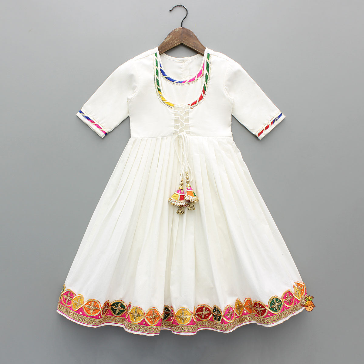 White Multicolour Embroidered Kurti With Gota Lace Detailing