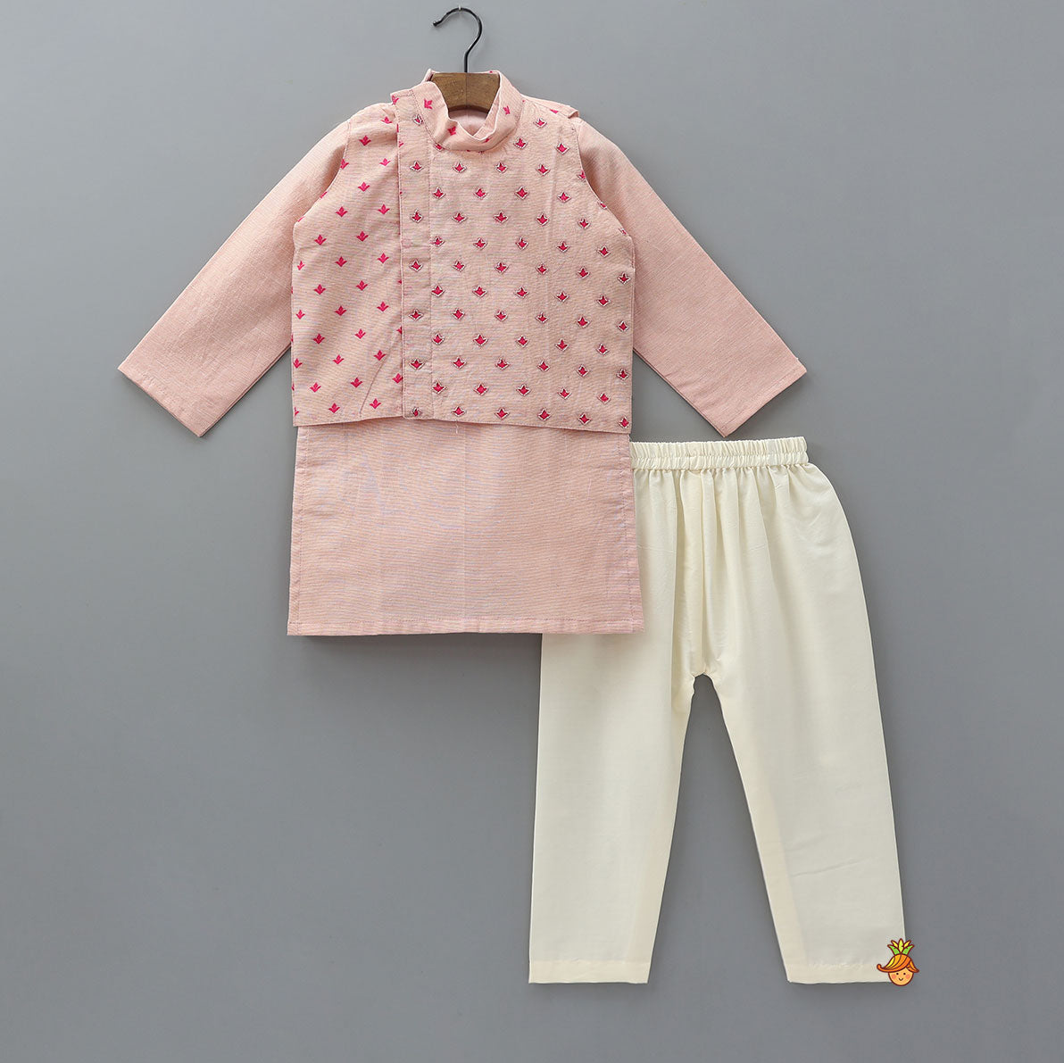 Pink Chanderi Kurta With Stylish Embroidered Jacket And Pyjama