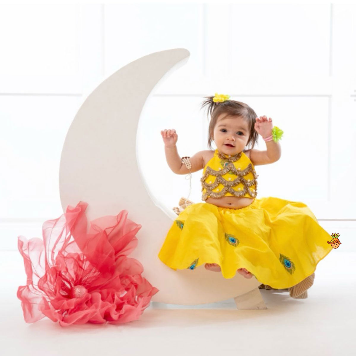 Yellow Embroidered Embellished Halter Neck Top And Lehenga With Head Band