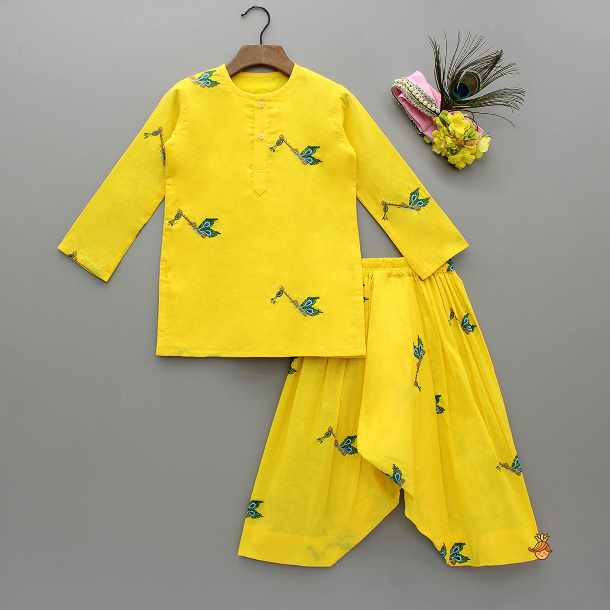 Yellow Embroidered Kurta And Dhoti Style Pant With Head Band