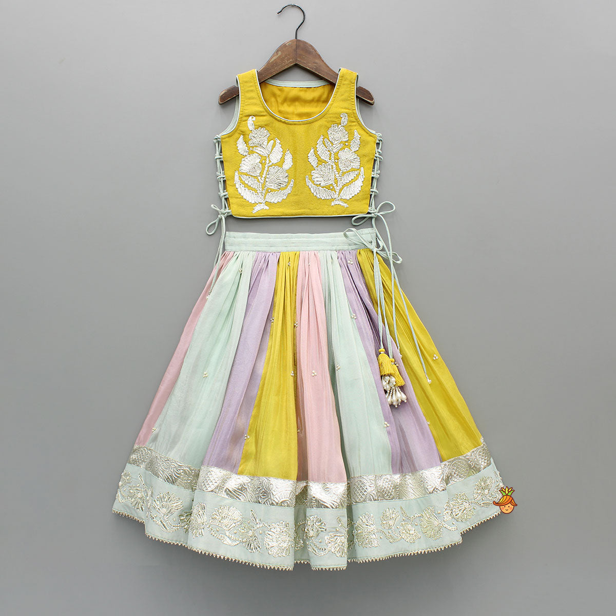 Yellow Gota Lace Embroidered Top And Colour Blocked Multicolour Lehenga