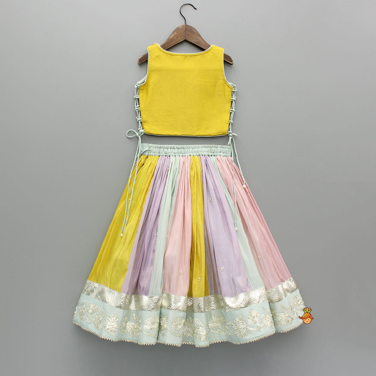 Yellow Gota Lace Embroidered Top And Colour Blocked Multicolour Lehenga
