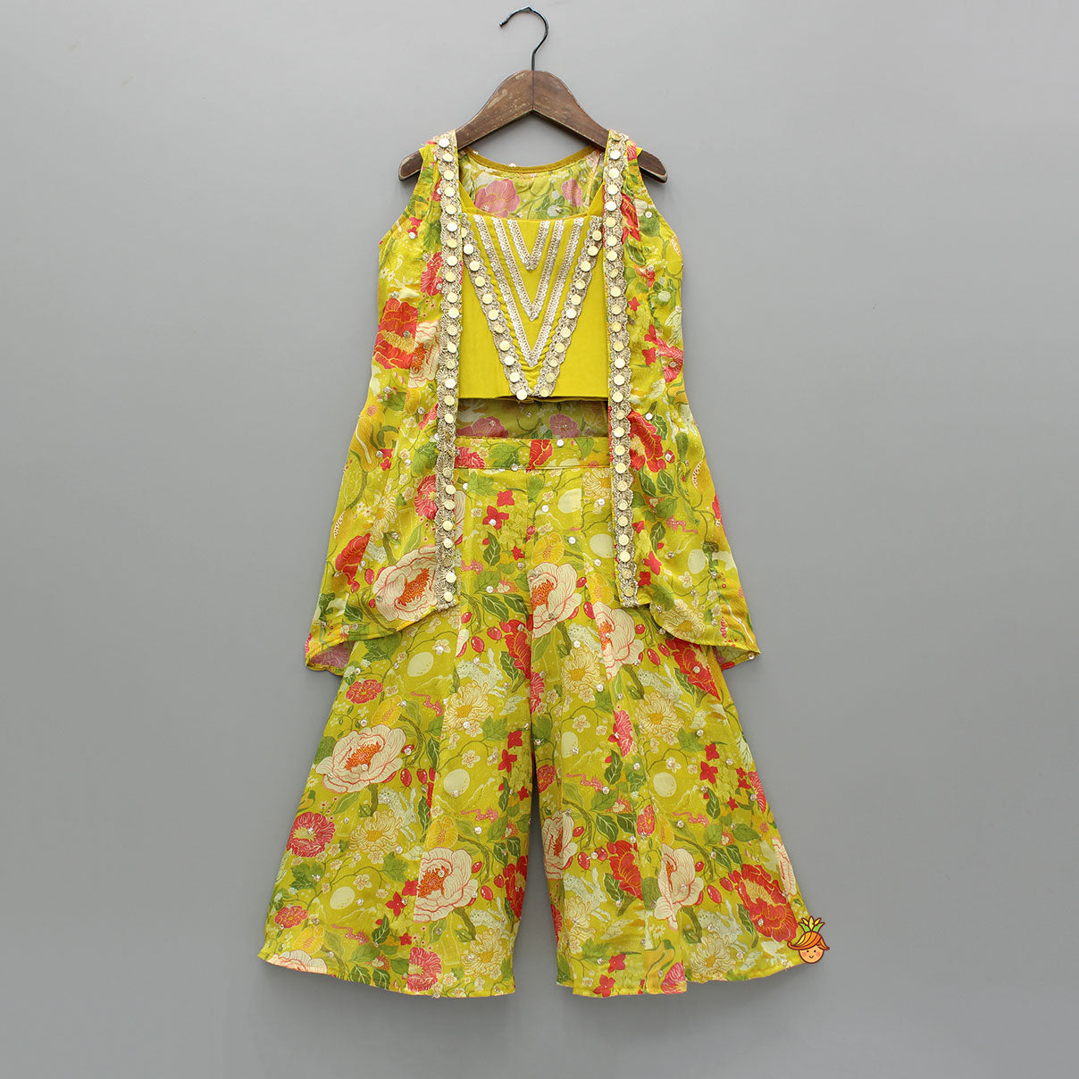 Embroidered And Embellished Strappy Top With Printed Cape And Palazzo