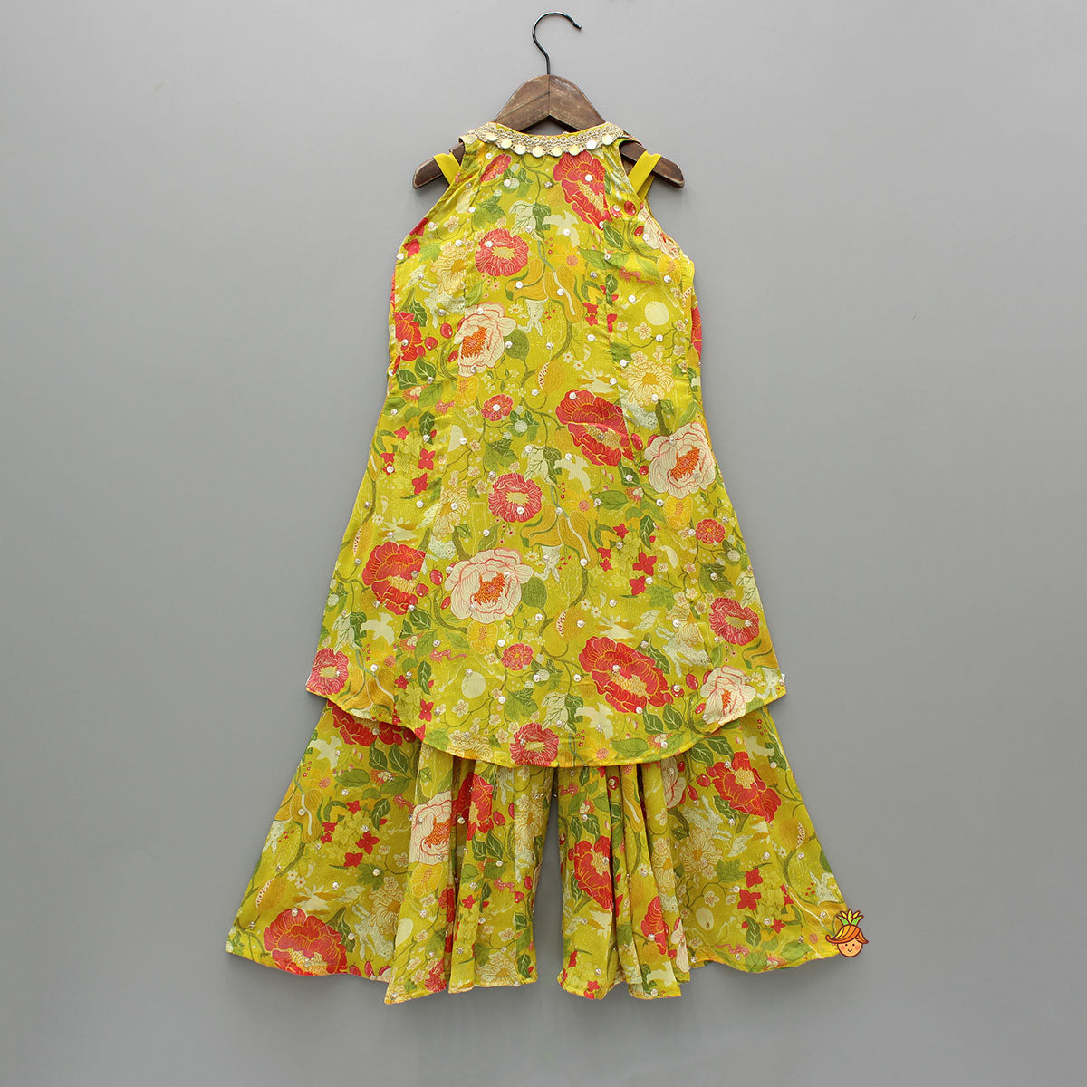 Embroidered And Embellished Strappy Top With Printed Cape And Palazzo