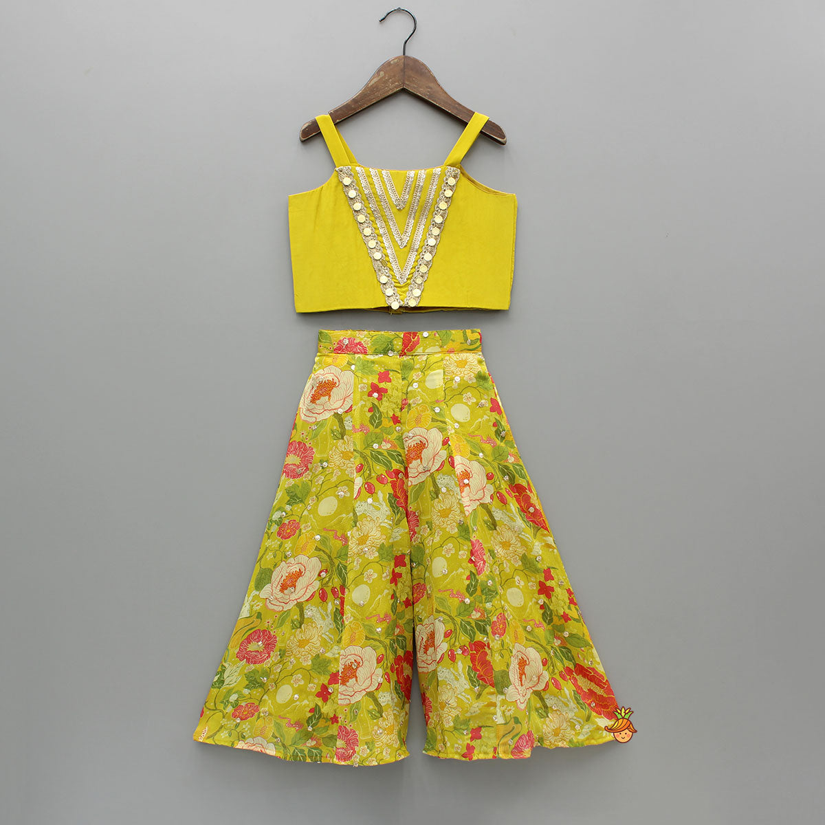 Embroidered And Embellished Strappy Top With Printed Cape And Palazzo
